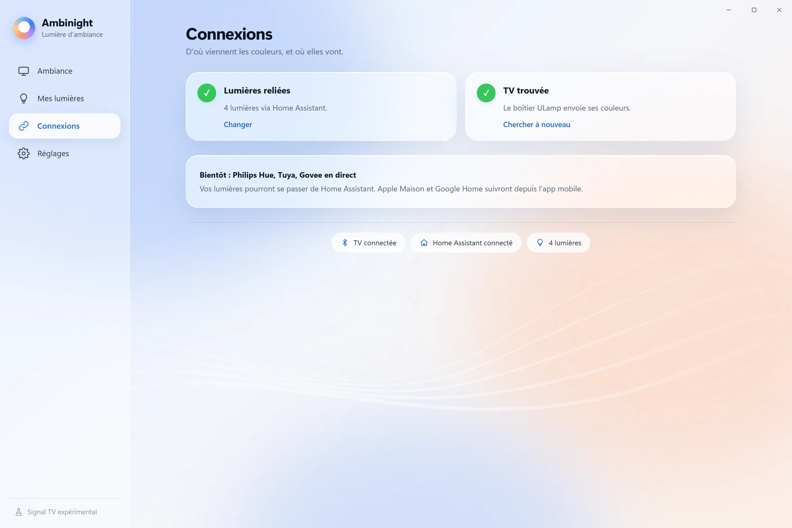 Écran Connexions : lumières reliées via Home Assistant et boîtier caméra ULamp trouvé