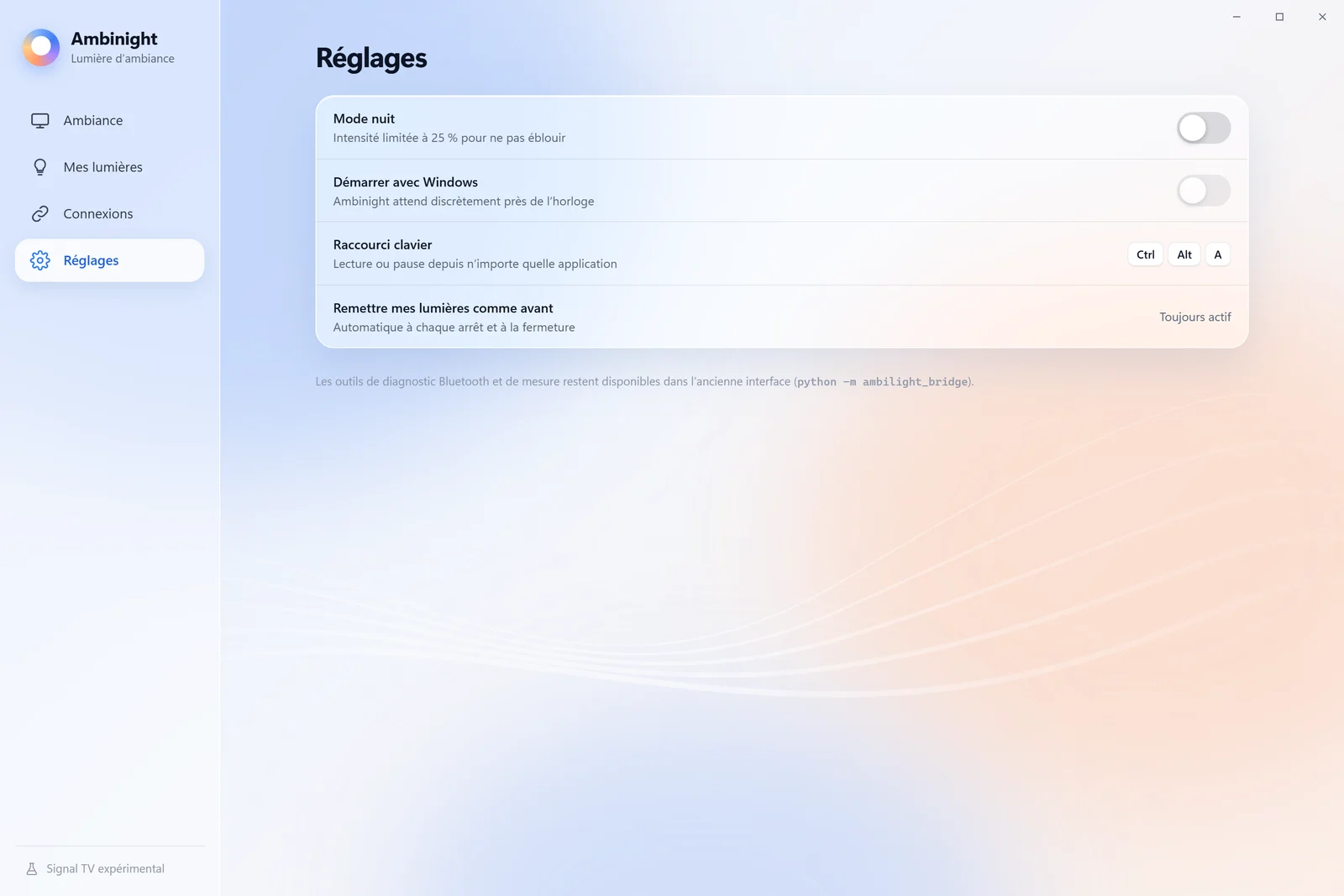 Écran Réglages : mode nuit, démarrage avec Windows et raccourci clavier