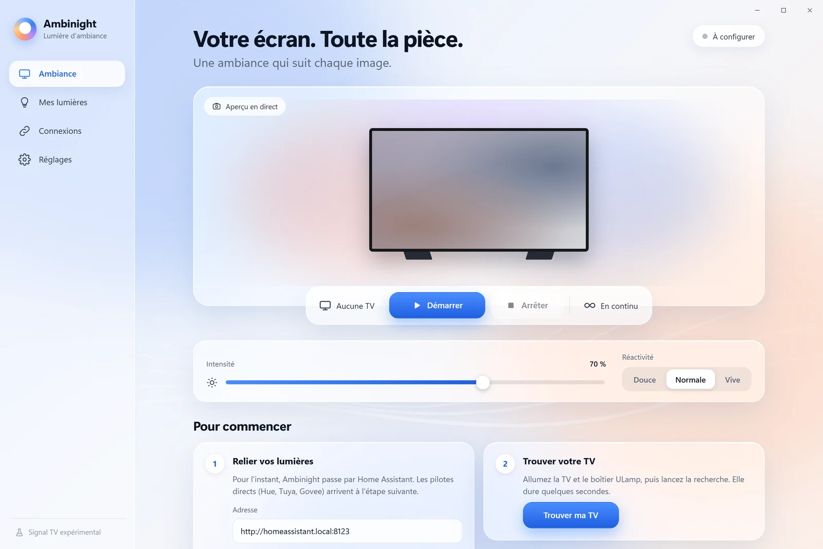 Premier lancement : assistant en deux étapes pour relier les lumières puis trouver la TV