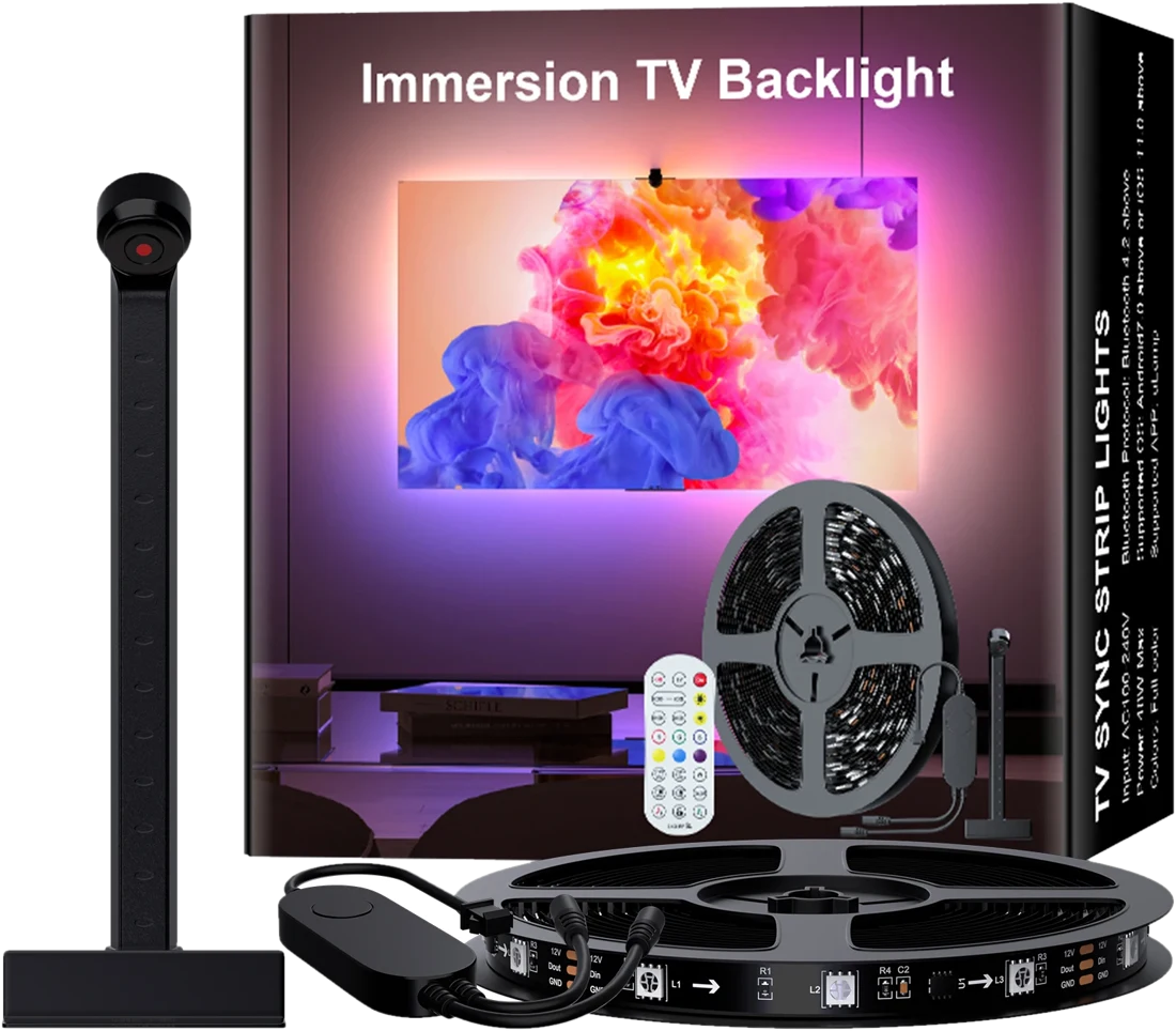 Kit Ambilight : caméra sur pied, bande LED en bobine, contrôleur et télécommande